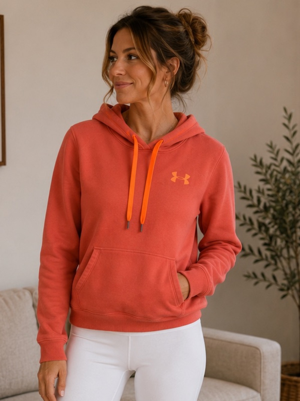 Under Armour Rival Hoodie Orange Fleece Pullover Athleisure Sporty Medium Cozy